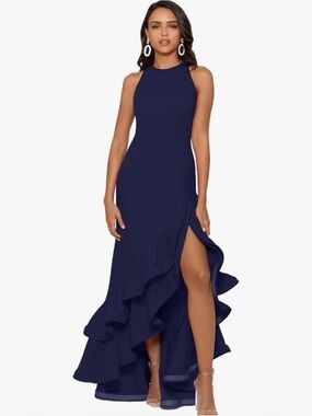 Betsy & Adam Navy Sleeveless Ruffle Hem Formal Gown